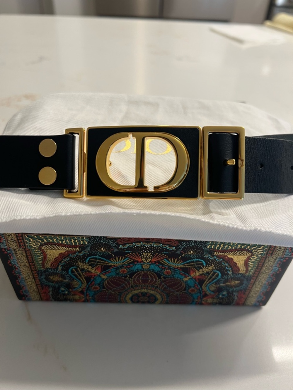 Dior Black Leather Belt with Gold CD Buckle